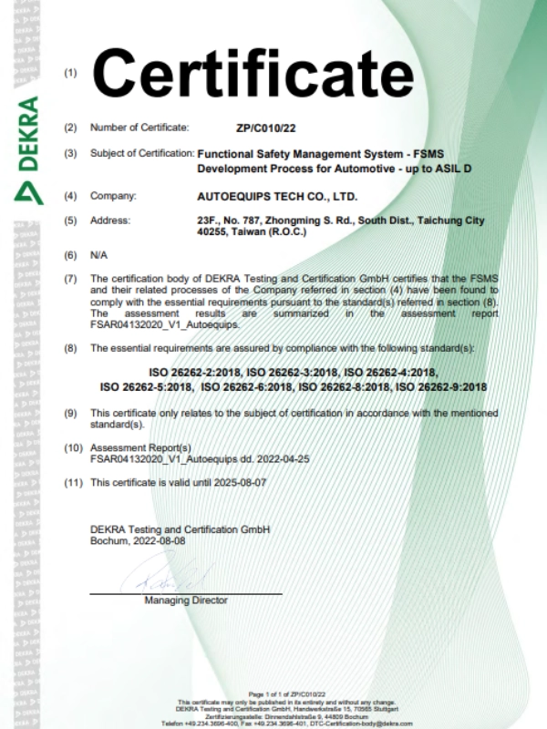 Herzliche Glückwünsche an AUTOEQUIPS zum Erhalt des ISO 26262-Zertifikats